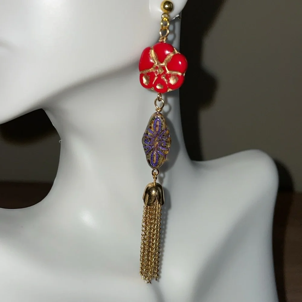 HAND CRAFTED PIERCED EARRINGS BOHO CZECH GLASS BEADS RED PURPLE GOLD TASSELS